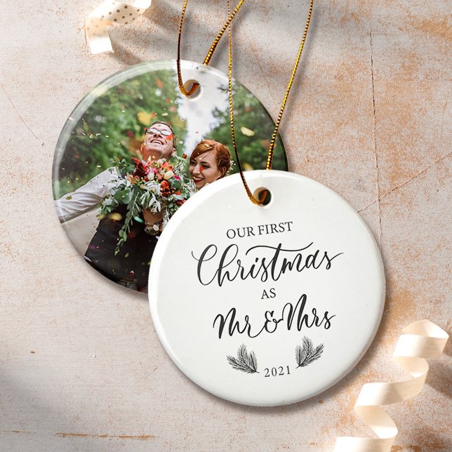 Our First Christmas as Mr. & Mrs. with Photo Ceramic Ornament (Creator Uploaded)