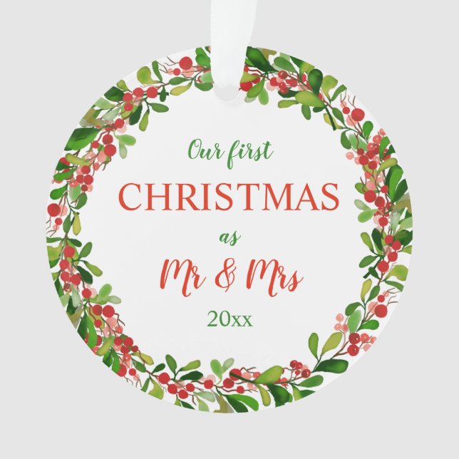 Our First Christmas As Mr & Mrs | Wreath Photo Ornament (Front)