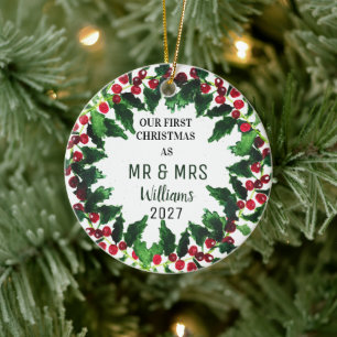 Our First Christmas as MR & MRS Wreath Rustic Ceramic Ornament
