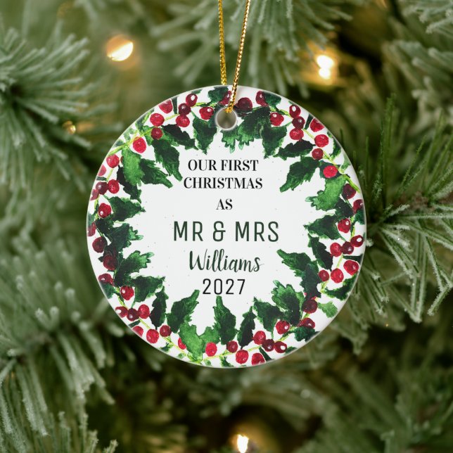 Our First Christmas as MR & MRS Wreath Rustic Ceramic Ornament (Tree)