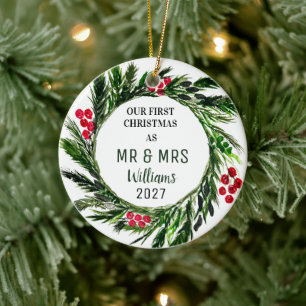 Our First Christmas as MR & MRS Wreath Rustic Ceramic Ornament