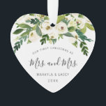 Our First Christmas as Mrs. and Mrs. Photo Lesbian Ornament<br><div class="desc">Did you get married this year? Add a memory to your tree with this elegant floral wedding keepsake ornament featuring a top border comprised of hand painted white roses and greenery and the message, "Our First Christmas as Mrs. and Mrs." in a lovely handwritten script font. Use the template to...</div>