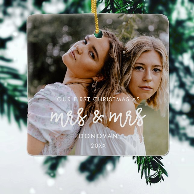 Our First Christmas as Mrs and Mrs wedding photo Ceramic Ornament (Creator Uploaded)