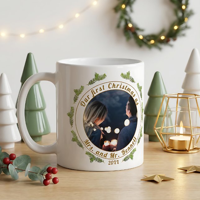 Our First Christmas as Mrs. & Mr. Script Photo Coffee Mug (Creator Uploaded)