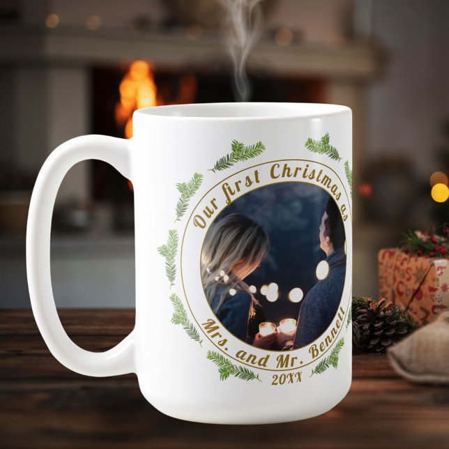 Our First Christmas as Mrs. & Mr. Script Photo Coffee Mug (Creator Uploaded)