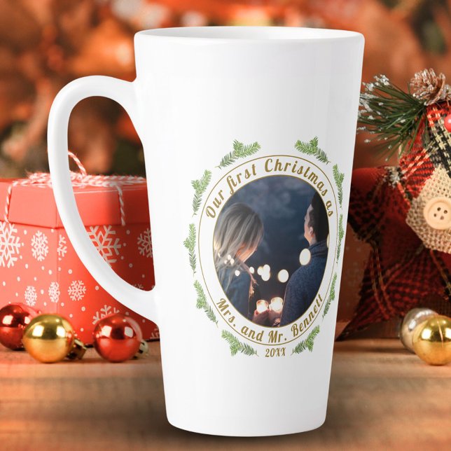 Our First Christmas as Mrs. & Mr. Script Photo Latte Mug (Creator Uploaded)