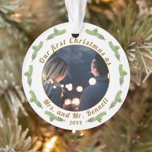 Our First Christmas as Mrs. & Mr. Wedding Photo Ornament (Tree)