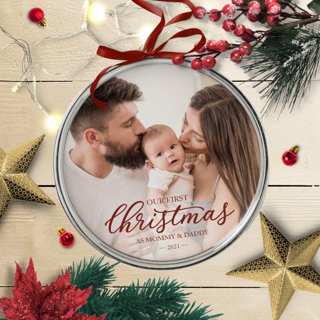 Our First Christmas as Mum and Dad Baby Photo Metal Ornament (Creator Uploaded)