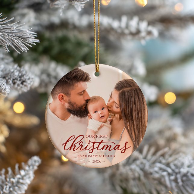 Our First Christmas as Mum and Dad Family Photo Ceramic Ornament (Creator Uploaded)