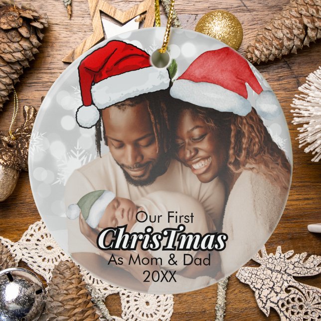 Our First Christmas as Mum and Dad Family Photo Ceramic Ornament (Creator Uploaded)
