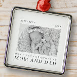 Our First Christmas as Mum and Dad Modern Chic Metal Ornament<br><div class="desc">Design is composed of modern chic typography with sans serif and serif font. Add a custom photo of baby and year.</div>
