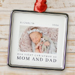 Our First Christmas as Mum and Dad Modern Chic Metal Ornament<br><div class="desc">Design is composed of modern chic typography with sans serif and serif font. Add a custom photo of baby and year.</div>