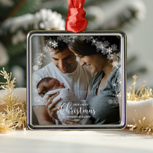 Our First Christmas as Mum and Dad Snowflake Photo Metal Ornament (Creator Uploaded)