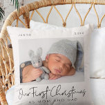 Our First Christmas as Mum & Dad Modern Minimalist Cushion<br><div class="desc">Design is composed of modern chic typography with sans serif and serif font. Add a custom photo of baby and year.</div>
