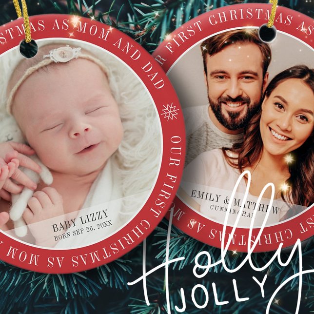 Our First Christmas As Mum & Dad Modern Two Photo Ceramic Ornament (Creator Uploaded)
