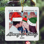 Our First Christmas as Mummy and Daddy baby Photo Ceramic Ornament<br><div class="desc">Our First Christmas as Mummy and Daddy baby Photo,  simple and minimalist Christmas holiday ornaments , A stylish keepsake for your first christmas as Dad and Mum.</div>