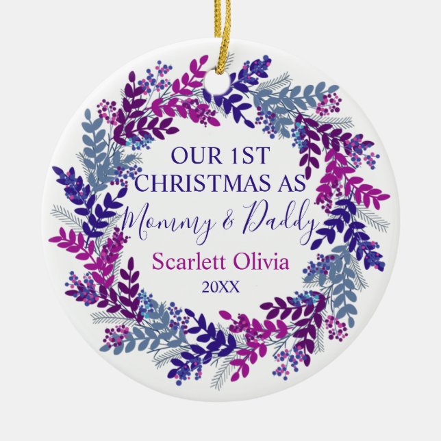 Our First Christmas As Mummy Daddy Baby Wreath Ceramic Ornament (Front)