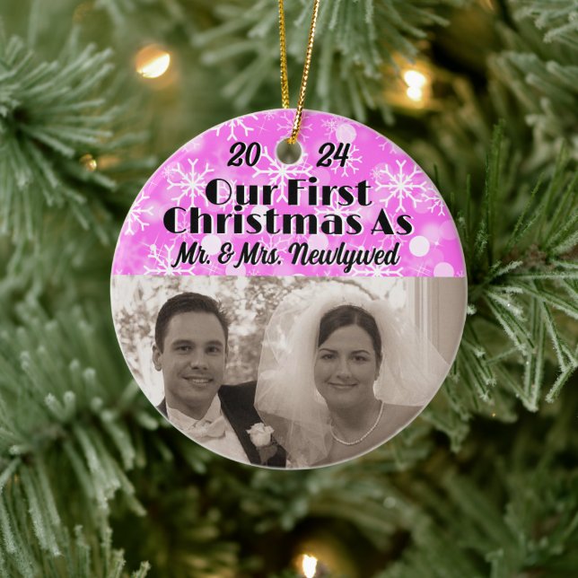 Our First Christmas as Newlyweds Personalise Photo Ceramic Ornament (Tree)