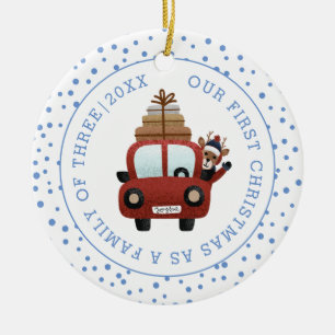 Our first Christmas as parents car blue photo Ceramic Ornament