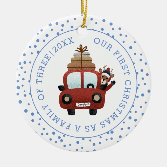 Our first Christmas as parents car blue photo Ceramic Ornament (Front)