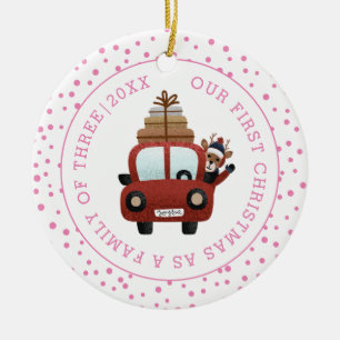 Our first Christmas as parents car pink photo Ceramic Ornament