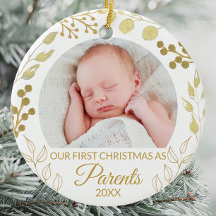 Our First Christmas As Parents Gold Foliage Photo Ceramic Ornament