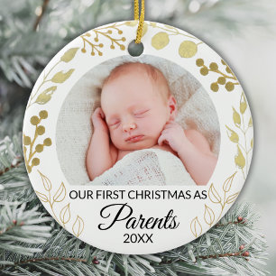 Our First Christmas As Parents Photo Gold Foliage Ceramic Ornament