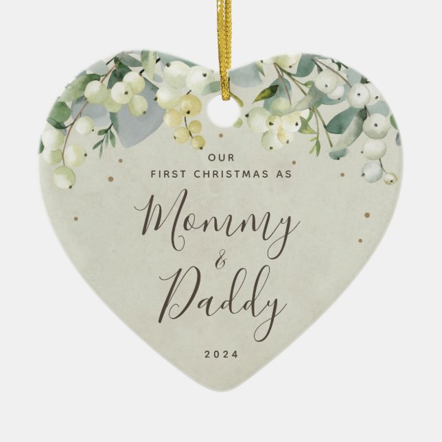 Our First Christmas as Parents Photo Heart Shaped Ceramic Ornament (Front)