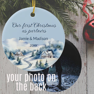 Our First Christmas As Partners Photo Winter Scene Ceramic Ornament