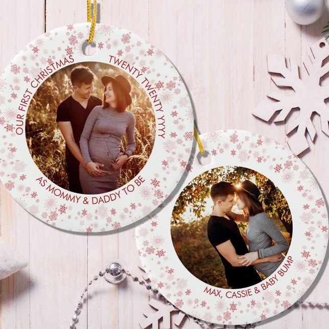 Our First Christmas as | Red Ditsy Snowflake Photo Ceramic Ornament (Creator Uploaded)