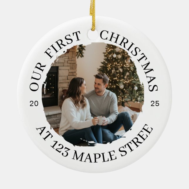 Our First Christmas at New Address – Round Photo Ceramic Ornament (Back)