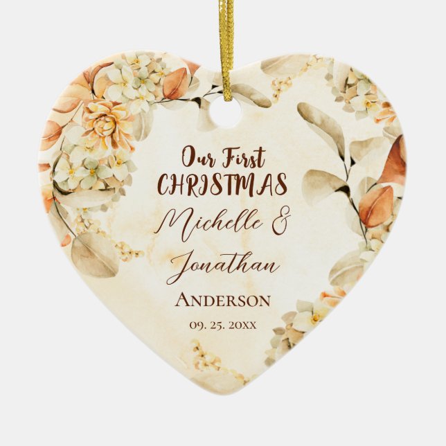 Our First CHRISTMAS Autumn Floral Heart Ceramic Ornament (Front)