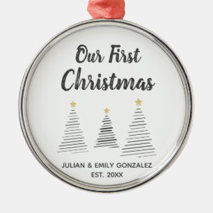 Our First Christmas Black and White Elegant Trees Metal Ornament