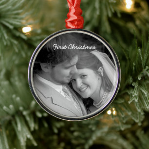 Our First Christmas Black Damask Photo Ornament