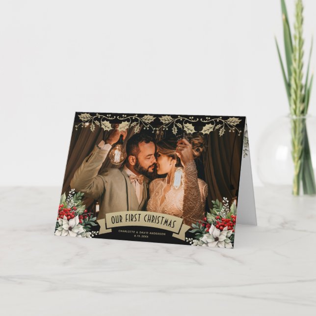 Our First Christmas Black Gold Newlywed Photo Holiday Card (Front)