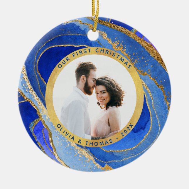 Our  First Christmas | Blue and Gold Geode Photo C Ceramic Ornament (Front)