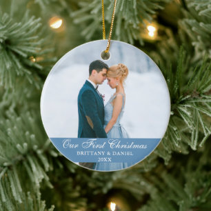 Our First Christmas Blue Couple Photo Ceramic Ornament