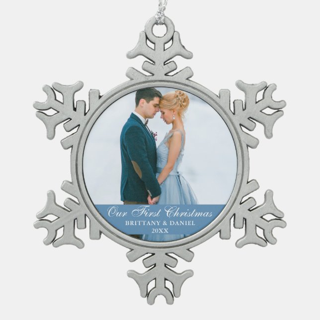 Our First Christmas Blue Couple Photo Snowflake Pewter Christmas Ornament (Front)