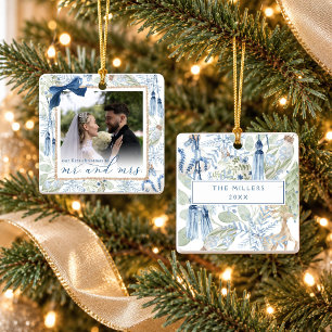 Our First Christmas Blue Grandmillennial Photo Ceramic Ornament