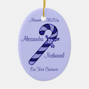 "Our First Christmas" - Blue Striped Candy Cane Ceramic Ornament