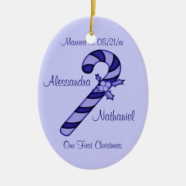 "Our First Christmas" - Blue Striped Candy Cane Ceramic Ornament (Front)