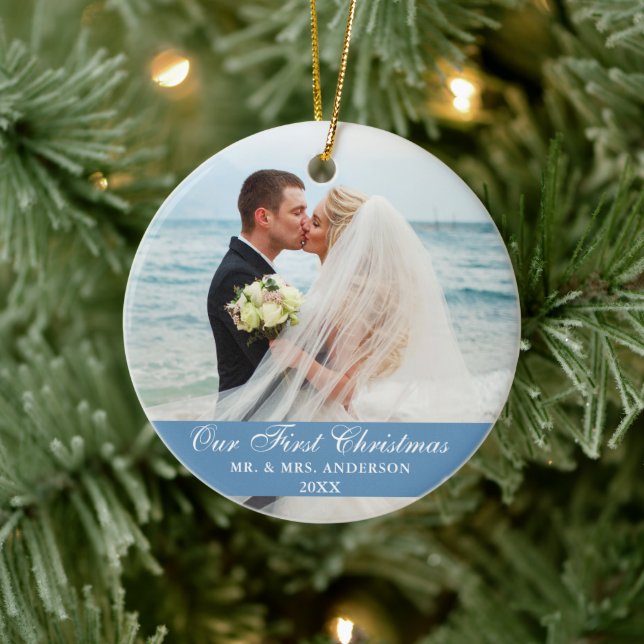 Our First Christmas Blue Wedding Photo Ceramic Ornament (Tree)