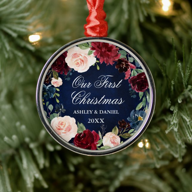 Our First Christmas Burgundy Blue Floral Wreath Metal Ornament (Tree)