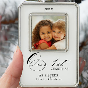 Our First Christmas Calligraphy Photo and Names Silver Plated Framed Ornament