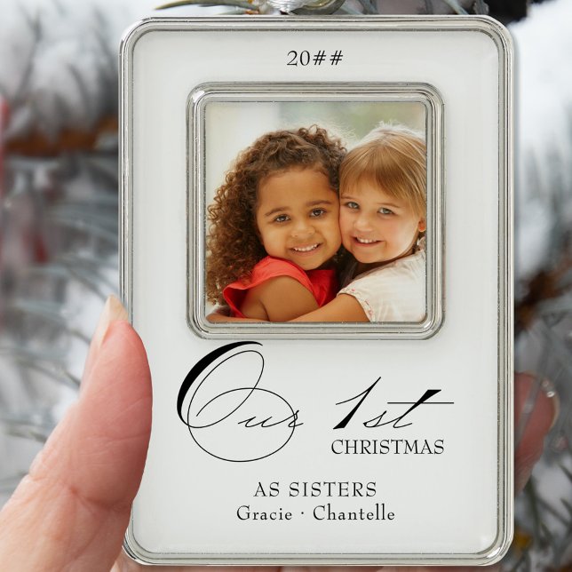 Our First Christmas Calligraphy Photo and Names Silver Plated Framed Ornament (Creator Uploaded)