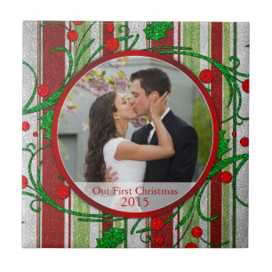 Our First Christmas Candy Cane Stripes Photo Frame Tile