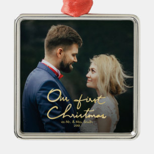 Our First Christmas Chic Faux Gold Foil Christmas Metal Ornament
