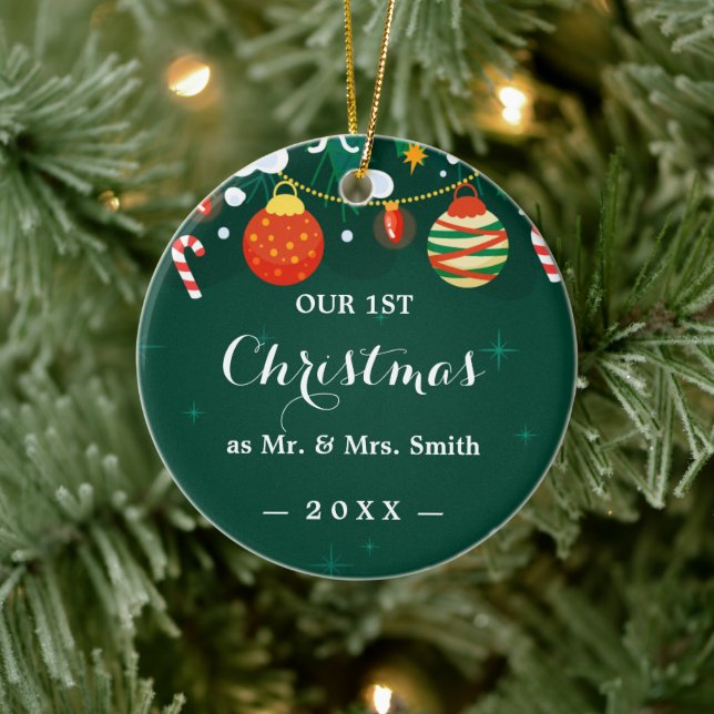 Our First Christmas Chic Hand-Lettered Christmas Ceramic Ornament (Tree)