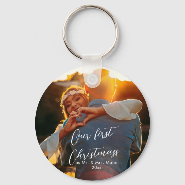 Our First Christmas Chic Script Name Christmass   Key Ring (Front)