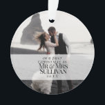 Our First Christmas Chic Sophisticated Christmas Ornament<br><div class="desc">Personalise this "Our First Christmas Chic Sophisticated Christmas Ornament" by replacing the photo, family name and year. An elegant, minimalist typography in old-style serif font on white marble texture. A Sophisticated Xmas gift for newlyweds. Send out this beautiful photo Christmas ornament to newlyweds to commemorate their wedding, for their first...</div>